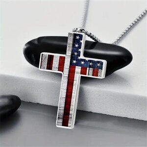 American Flag Cross Necklace Stainless Steel 24in Chain Mens Patriotic Gift
